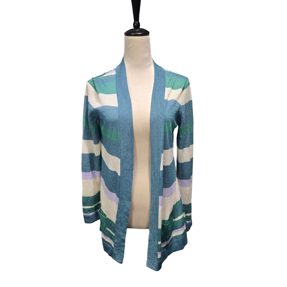 ECI New York Cardigan Sweater Womens L Turquoise Striped Lurex Open Front